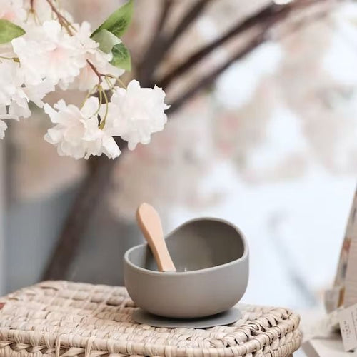 Bol et cuillère silicone gris - la cigogne de lily