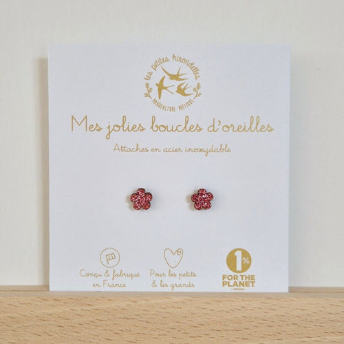 Boucles d'oreilles enfant pailletées fleurs rose – les petites hirondelles